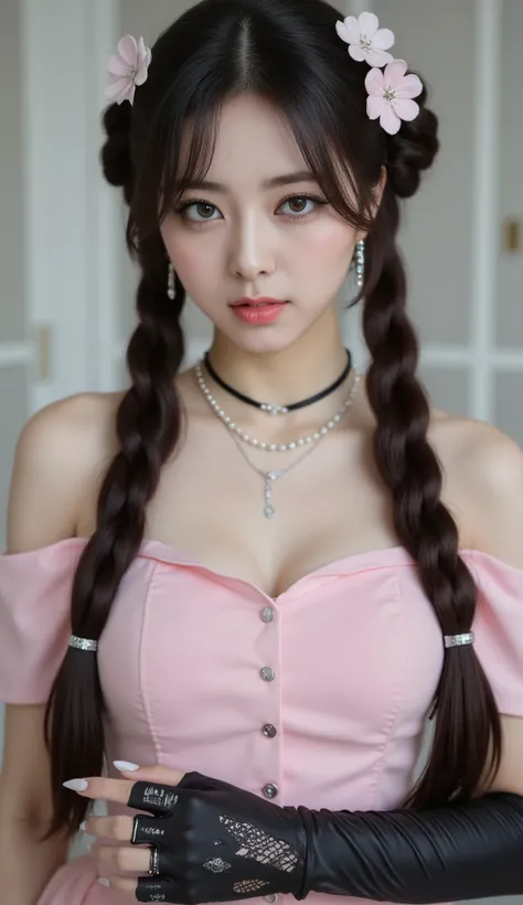 32k, Masterpiece, Top Quality, (Korea's Beautiful Women) Gothic lolita portrait, long black braided pigtails, flower hair accessories, pale skin, rosy cheeks, blue eyes, pearl earrings, choker necklace, layered necklaces, black lace gloves, off-shoulder pi...