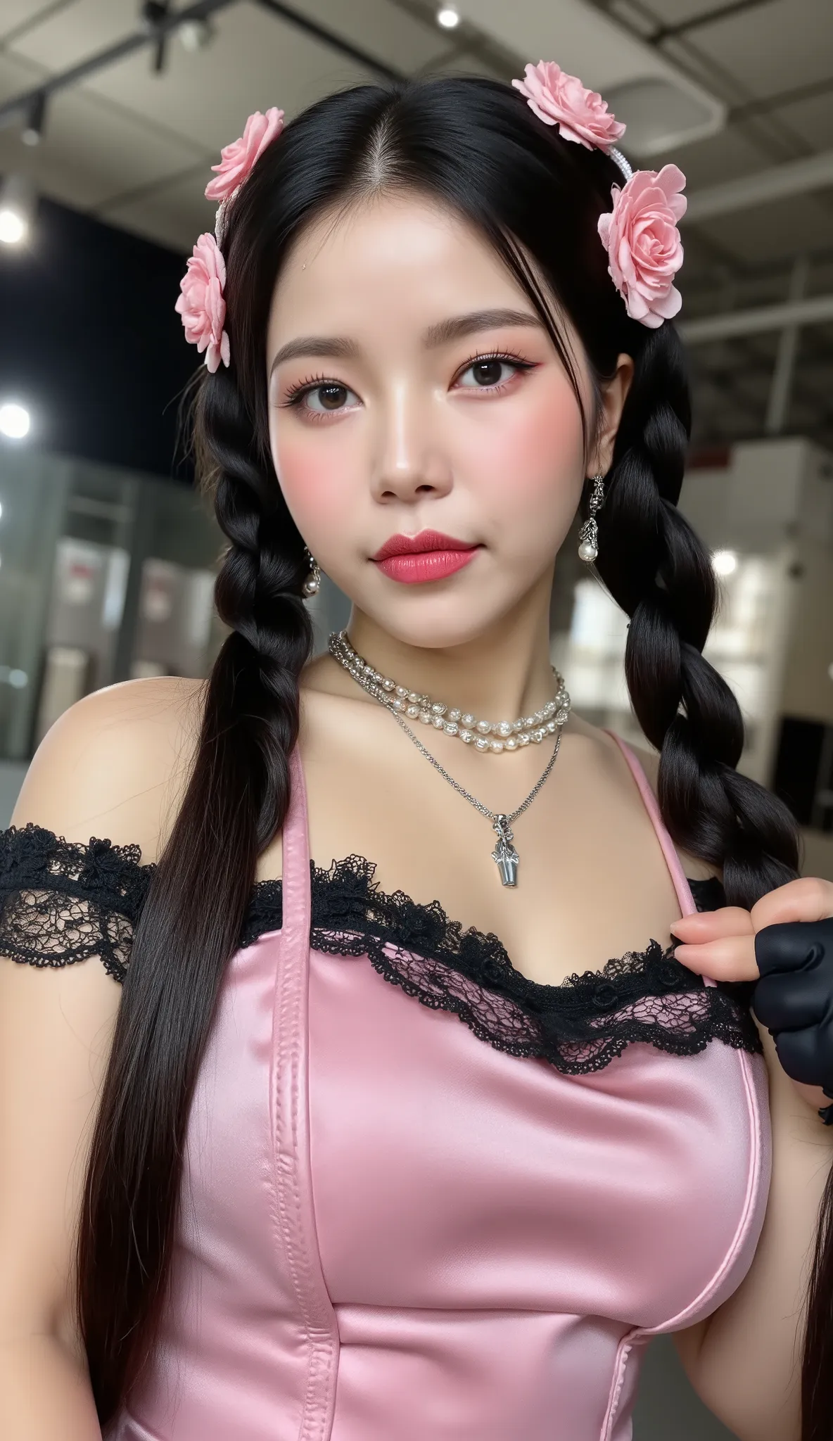 32k, Masterpiece, Top Quality, (Korea's Beautiful Women) Gothic lolita portrait, long black braided pigtails, flower hair accessories, pale skin, rosy cheeks, blue eyes, pearl earrings, choker necklace, layered necklaces, black lace gloves, off-shoulder pi...