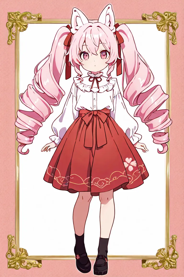 Long Drill Twintails　droopy white ears dog ears 　Only one　 standing picture、Symmetrical　Droopy ears犬耳　  full body lesbian、​masterpiece、TOP QUALITY、length、Best Picture Quality、Pink Hair、 head ribbon、Ribbon clothing、frilld、Year、pi　Symmetrical　Droopy ears　whi...