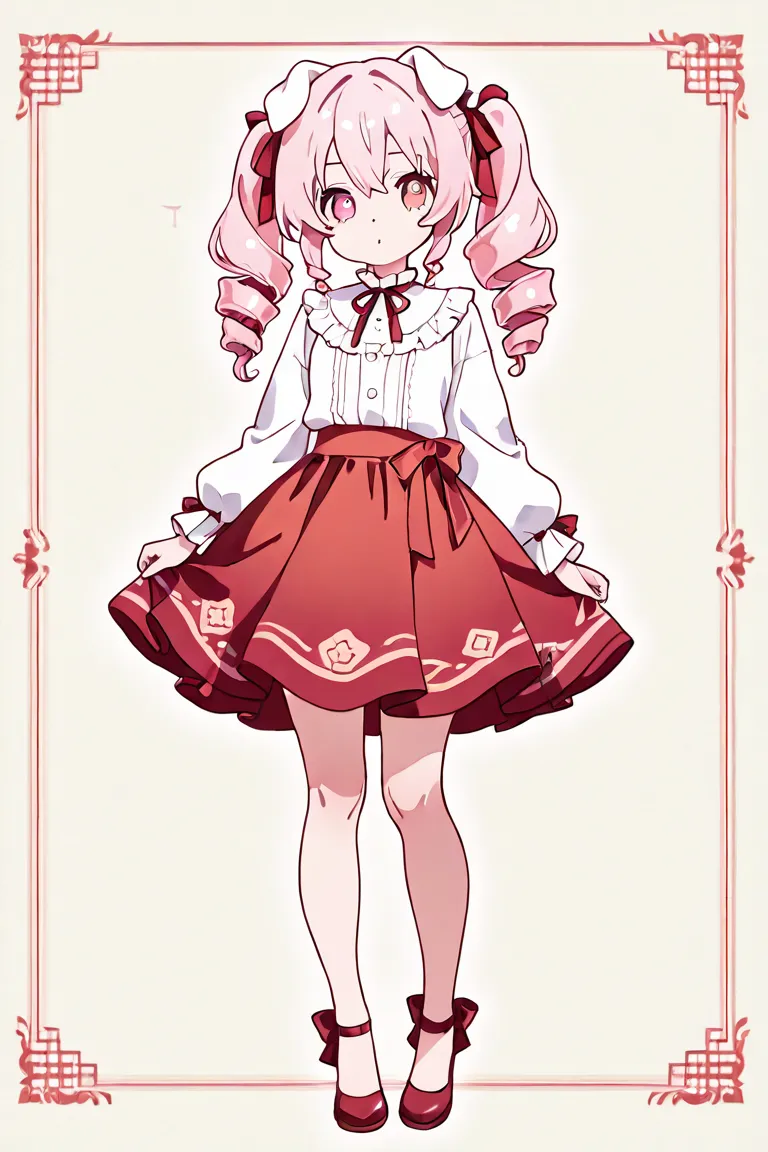 Long Drill Twintails　droopy white ears dog ears 　Only one　 standing picture、Symmetrical　Droopy ears犬耳　  full body lesbian、​masterpiece、TOP QUALITY、length、Best Picture Quality、Pink Hair、 head ribbon、Ribbon clothing、frilld、Year、pi　Symmetrical　Droopy ears　whi...