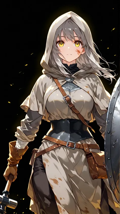 a 40 year old girl with short grey hair and with bright yellow eyes with dirt marks on her facing wearing a medieval blacksmith outfit with a grey robe and hood over her clothes while holding a shield and a blacksmith hammer, black background, high detail,...