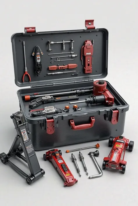 You create a modern automotive mechanics toolbox with a modern trolley car Jack and two modern stand jacks with spark plugs and tools, for tattoo design