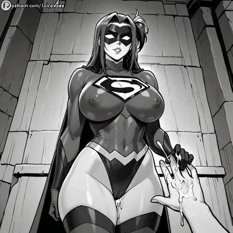  beautiful women,  Superhero,  pretty face,  Sexy Body , Big Breasts,  wall that is slightly longer on one side ,  surrenders and raises his hand , Beautiful face covered in cum, A look of regret