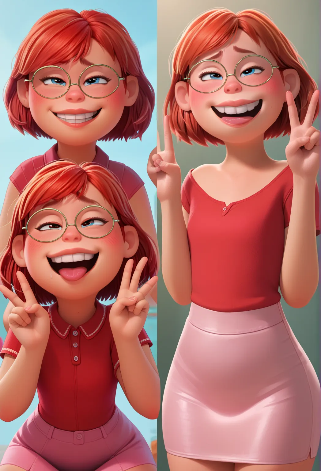 NSFW, Massively overweight, May Lee, Red hair, peace sign, ahegao, tilt your head, cowboy shot, coxas nuas, ((red scoop top)), 1 girl, alone, salient smile, ((pink pencil skirt)), gazing at viewer, hands crossed, whole body, poses photos, best qualityer, n...