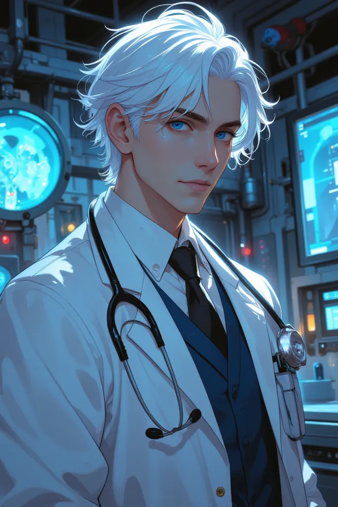  white-haired boy. anime. cold face.  blue eyes. doctor&#39;s clothes. Calm and slightly sarcastic eyes. Fantasy. adult man