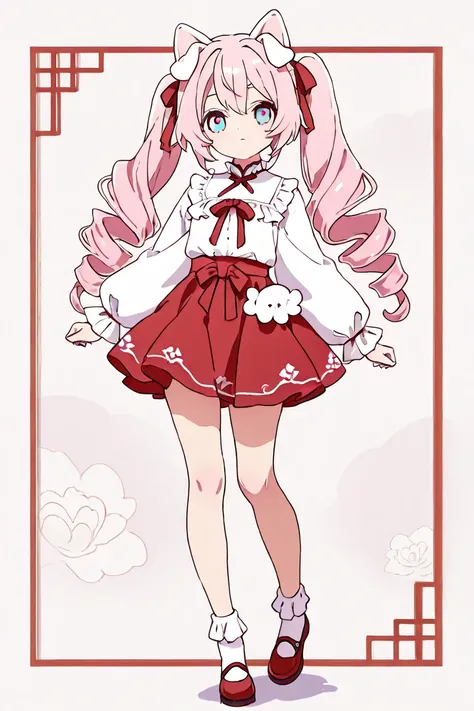 Long Drill Twintails　droopy white ears dog ears 　Only one　 standing picture、Symmetrical　Droopy ears犬耳　  full body lesbian、​masterpiece、TOP QUALITY、length、Best Picture Quality、Pink Hair、 head ribbon、Ribbon clothing、frilld、Year、pi　Symmetrical　Droopy ears　whi...