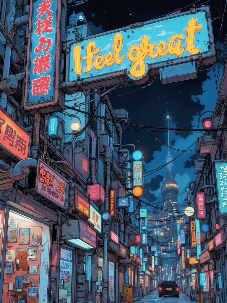 "I feel great" detailed headline sign ,cyberpunk, steampunk, Neon Streets at Night,Machine City,Piping, factory,vapor,広告の看板が立ち並ぶ,Talk to a dynamic microphone fixed to the ,Dynamic Angle,dynamic typography with advertising signs,movie poster, magazine cover...