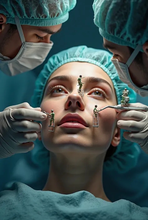 A hyperrealistic image of a woman’s face being carefully sculpted by tiny surgeons on ladders, focusing on the nose for rhinoplasty, ultra-detailed, cinematic lighting, 8K resolution