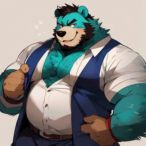 bear, furry, turquoise fur, handsome, very muscular, very big, extremely hot and sexy, beard, hair, chest hair, charming eyes, solo, male, happy expression, daddy, full body, big body, clothes, middle aged, by hyaku, by darkgem, by glitter trap boy