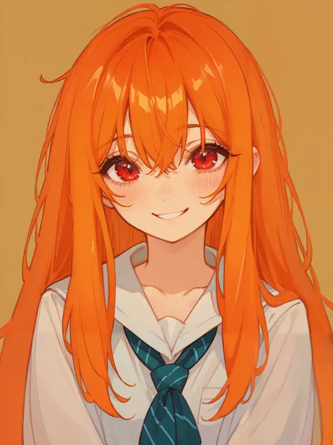 (best quality), (best resolution), School, school class, 1girl, shy smile, (fidgeting), orange hair, long hair, (messy hair:0.6), red eyes, beautiful eyes, detailed, 4k, 748cmstyle, artistic