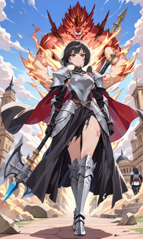 (((masterpiece, best quality, high detailed, 16k))) (1girl) A fierce and imposing female warrior with short, raven-black hair cut in a practical and battle-ready style. Her eyes are sharp and determined, reflecting her strength and resilience on the battle...