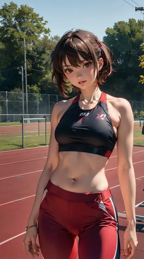 draw the groin, ,cowboy shot, cropped shirt, Halter neck, Track and field uniform, pulling the elastic part of the pants with fingers, suzumiya haruhi, 1girl,  score_9, score_8_up, score_7_up, source_anime, 748cmstyle,Shining Style Art, masterpiece, best q...