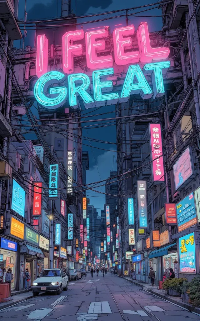 "I feel great" detailed headline sign , cyberpunk, steampunk, Neon Streets at Night,Machine City,Piping, factory,vapor,広告の看板が立ち並ぶ,Talk to a dynamic microphone fixed to the ,Dynamic Angle,dynamic typography with advertising signs,movie poster, magazine cove...