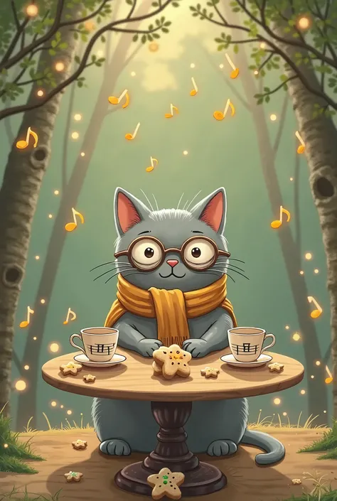 Gray cat with glasses and a scarf at a teapot table, surrounded by translucent music lovers. On the table are cookie-shaped notes, cups with rhythm lines instead of a pair of.  style: Studio Ghibli style cartoon illustration, muted green and beige tones, g...