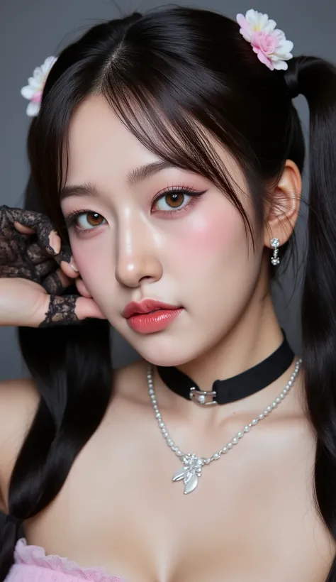 32k, Masterpiece, Top Quality, (Korea's Beautiful Women) Gothic lolita portrait, long black braided pigtails, flower hair accessories, pale skin, rosy cheeks, blue eyes, pearl earrings, choker necklace, layered necklaces, black lace gloves, off-shoulder pi...