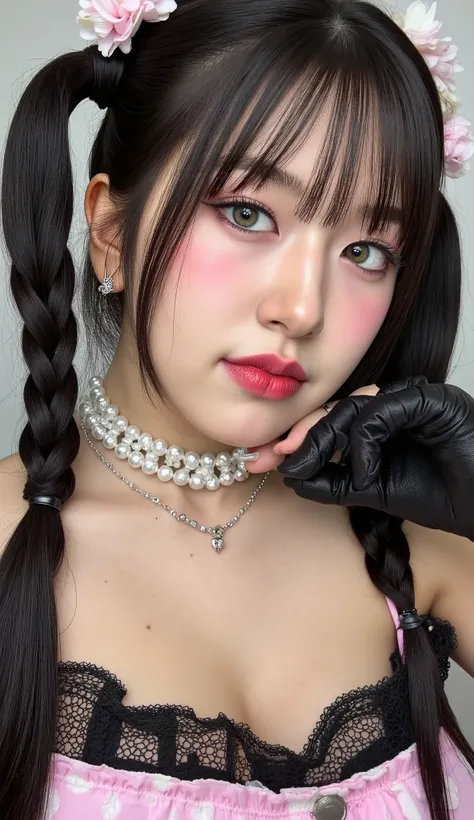 32k, Masterpiece, Top Quality, (Korea's Beautiful Women) Gothic lolita portrait, long black braided pigtails, flower hair accessories, pale skin, rosy cheeks, blue eyes, pearl earrings, choker necklace, layered necklaces, black lace gloves, off-shoulder pi...