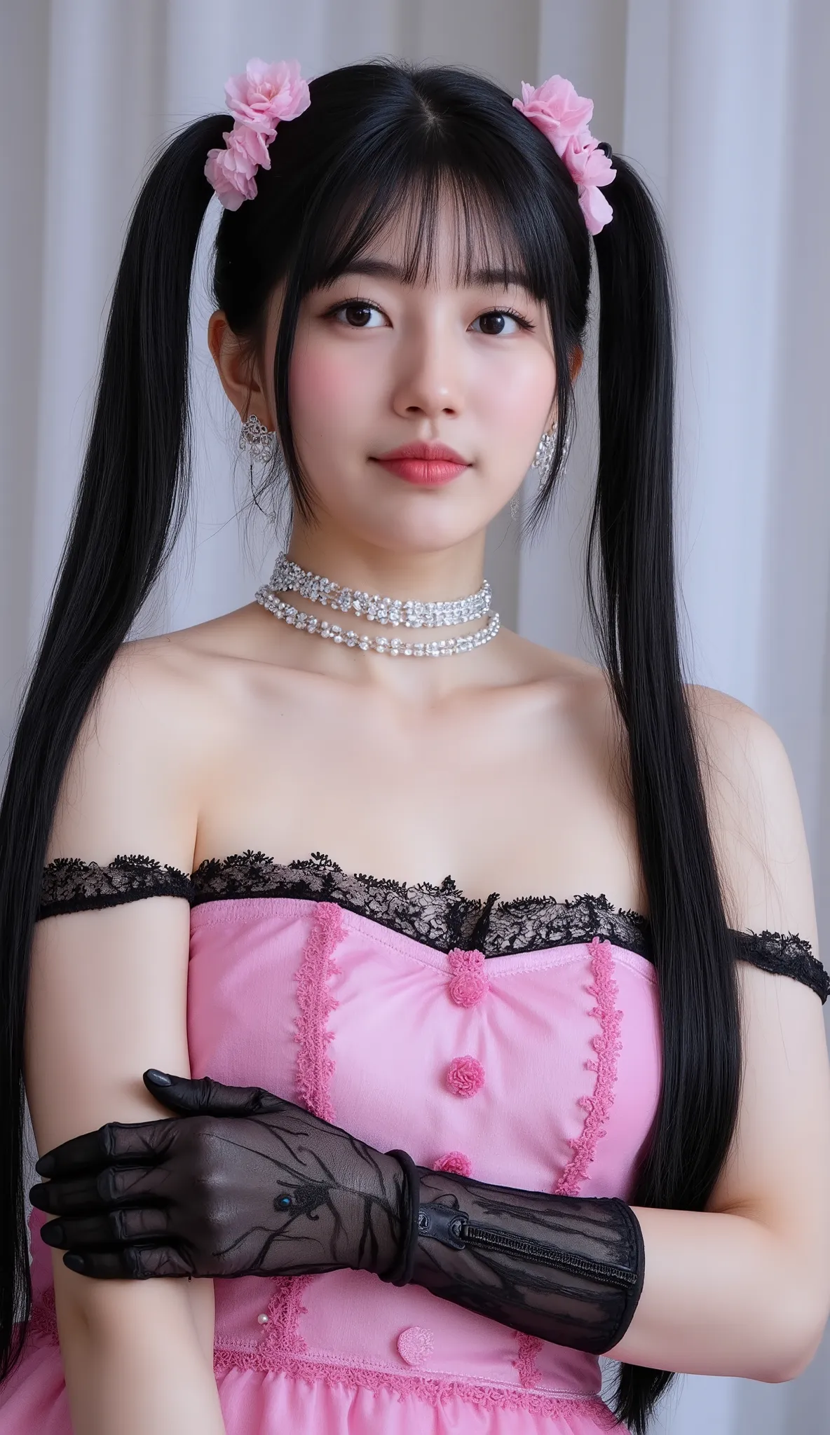 32k, Masterpiece, Top Quality, (Korea's Beautiful Women) Gothic lolita portrait, long black braided pigtails, flower hair accessories, pale skin, rosy cheeks, blue eyes, pearl earrings, choker necklace, layered necklaces, black lace gloves, off-shoulder pi...