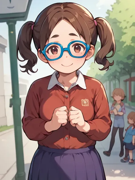  score_9,  score_8_up,  score_7_up, break, nsfw， uncensored， young girl， Low， Toddler type，Sow training， anime color,Madeleine , brown hair on both arms, twin tails, Glasses，blue framed glasses ,  purple skirt,  Long Sleeve,  outdoor, smile, shy,  freckles...