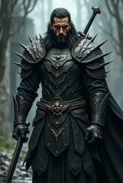 Warrior in his 30s.
 black hair . 
BLACK Gothic armor with metal spikes.
 wielding two swords .
Without a helmet . 