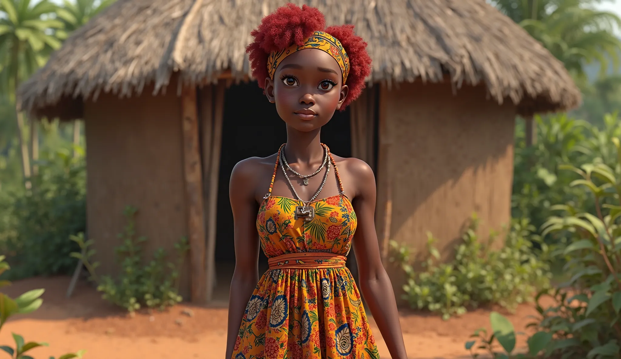 Generates a realistic full-length image of Maina, a 20-year-old girl, with short red hair, tied with an African-style headband, wearing African attire, standing in front of a village hut.