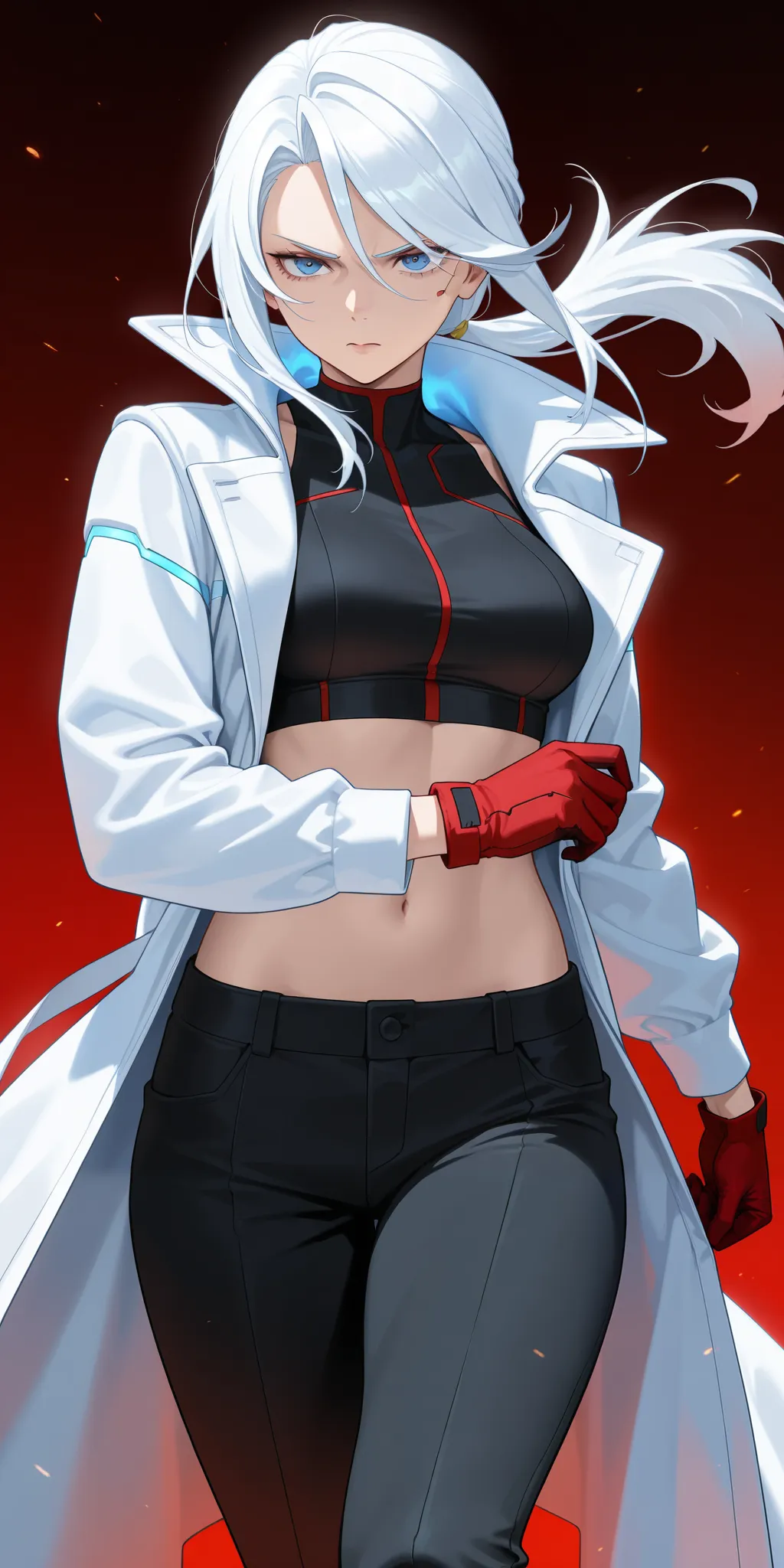 Mature female, white hair, long hair, low ponytail, blue eyes, black pants, white coat, black crop top, red gloves, midriff, serious expression, medium breasts, highly detailed, best quality, cyberpunk style