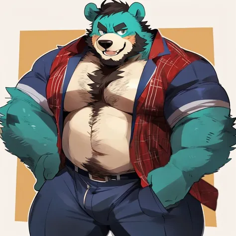 bear, furry, turquoise fur, handsome, very muscular, very big, extremely hot and sexy, beard, hair, chest hair, charming eyes, solo, male, happy expression, daddy, full body, big body, clothes, middle aged, by hyaku, by darkgem, by glitter trap boy