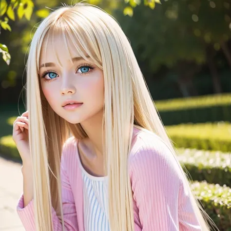 Very white, extremely beautiful, beautiful girl in the world 、 girl with very beautiful pretty face ,beautiful beautiful blond hair , Half Body Shot ,Beautiful long bangs,Beautiful bangs between the eyes, striped hair,Round face、very bright very bright pal...