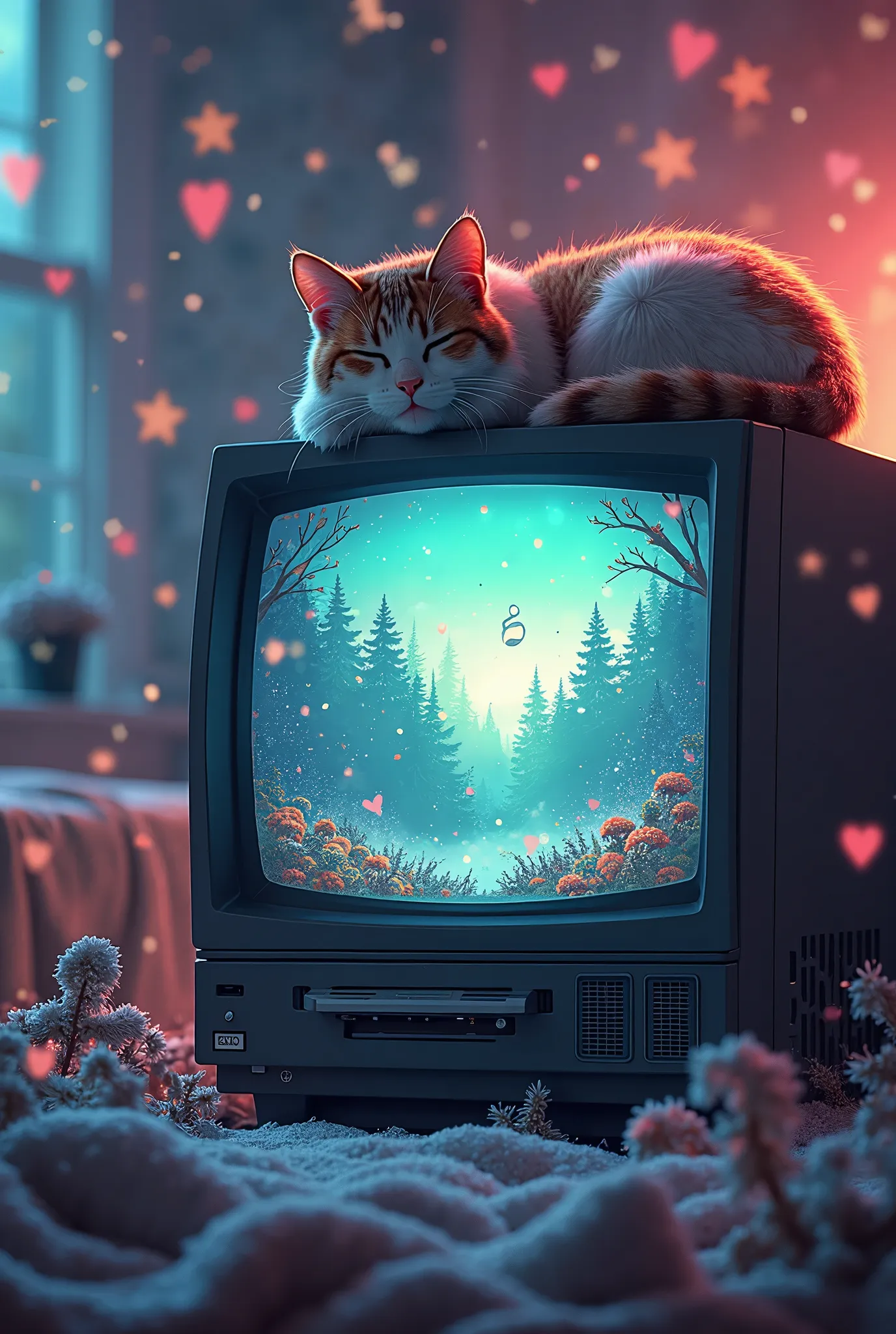 Cat, curled up on an old CRT monitor with the inscription '3 AM Vibes', on the screen is an animated forest with flying bass notes. Outside the window is a snowstorm of confetti notes.  style: pixel art with grunge elements, blurred borders, VHS noise effe...