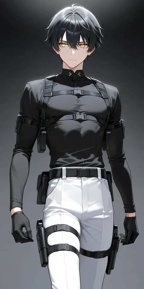 One male, long-sleeved shirt, black shirt, black hair, yellow eyes, white pants,black gloves, thigh holster, chest holster, highly detailed, best quality