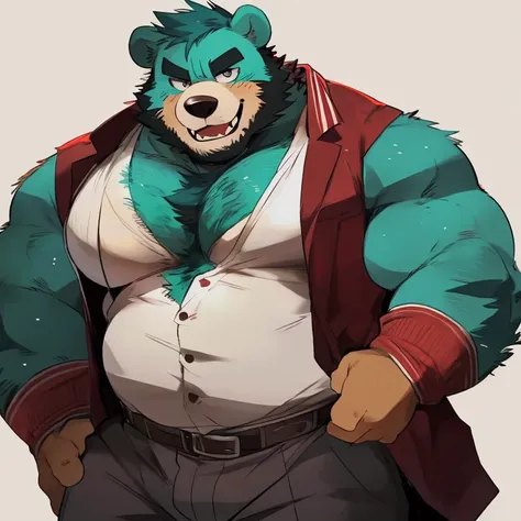 bear, furry, turquoise fur, handsome, very muscular, very big, extremely hot and sexy, beard, hair, chest hair, charming eyes, solo, male, happy expression, daddy, full body, big body, clothes, middle aged, by hyaku, by darkgem, by glitter trap boy