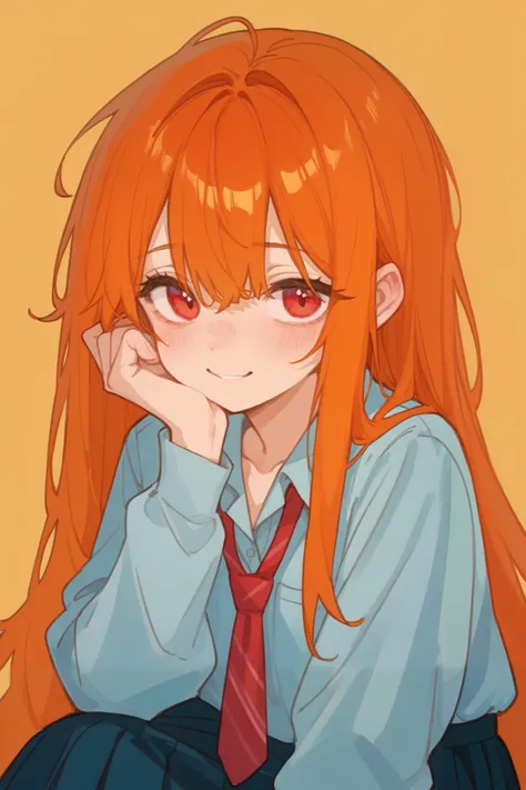 (best quality), best resolution, School, school class, 1girl, shy smile, fidgeting, orange hair, long hair, (messy hair:0.6), red eyes, detailed eyes, 4k, 748cmstyle, artistic