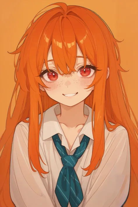 (best quality), best resolution, School, school class, 1girl, shy smile, fidgeting, orange hair, long hair, (messy hair:0.6), red eyes, detailed eyes, 4k, 748cmstyle, artistic