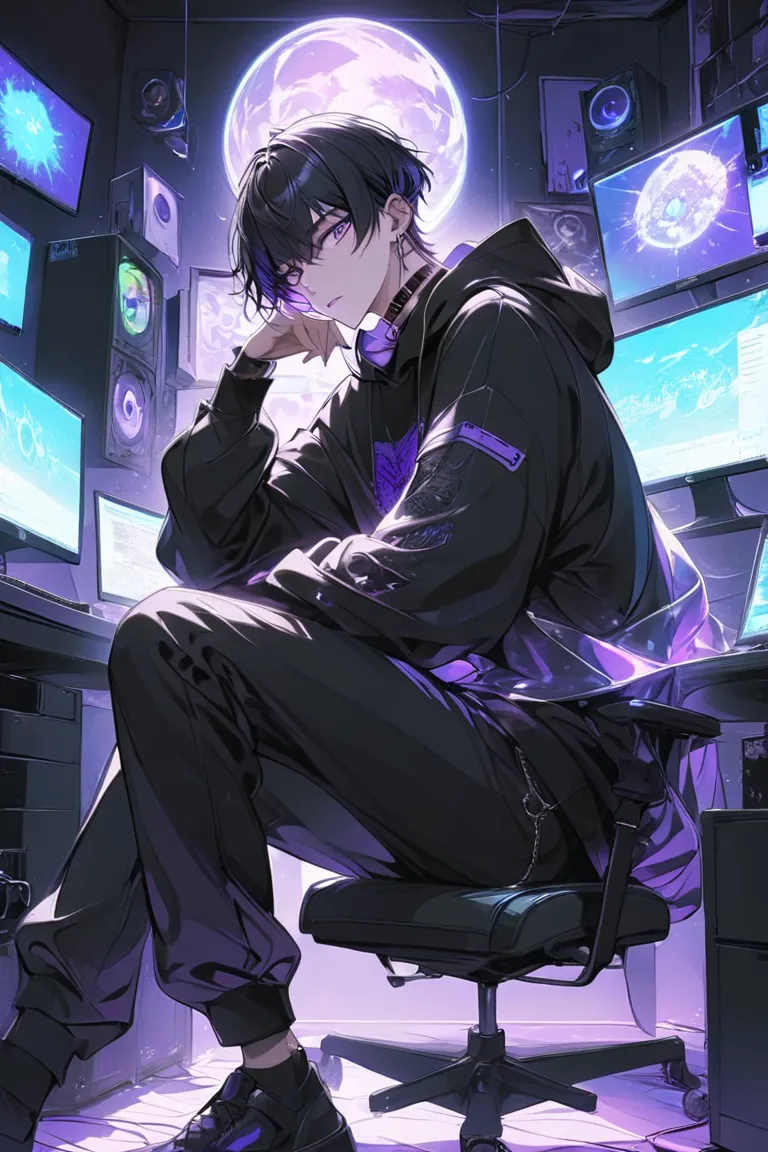 Score 9, Score 8 Up, Score 7 Up, 1 cool boy using a PC in his room during the day, 1 PC, Solo, Male, Short hair, Bangs, Black hair, Jewelry, Chair, Sitting, Purple eyes, Full body, Earrings, Razor choker, Long pants, Black hoodie, Black theme, Cool, Beauti...