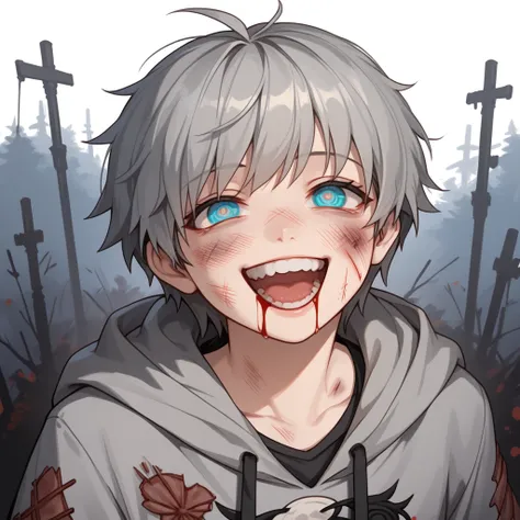 1boy, alone, solo, grey hair, mid-length hair, light cyan eyes, mischievous eyes, smile showing teeth, laughing, grey hoodie, black oversized shorts, bruises on face, a lot of bruises, beaten, bleeding, half opened eyes, submissive, being cocky, Ghibli sty...