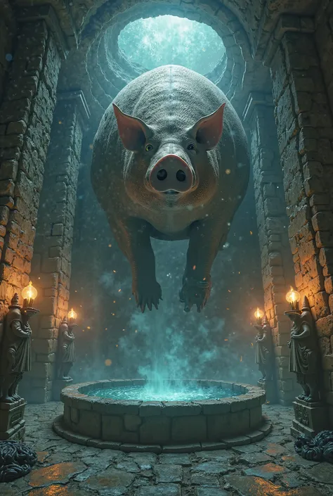 In the center of an underground room there is a large basin of blessed water. In 4 niches on the walls there are statues that move a huge pig has appeared above the tub and is falling