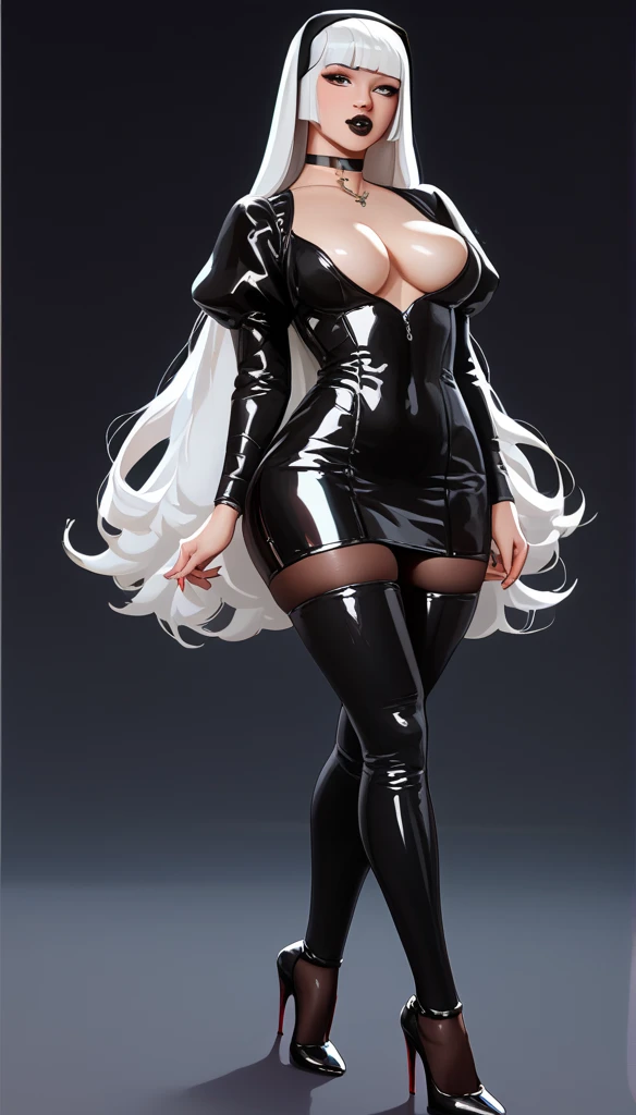 black latex nun suit with open chest、Thick lips、depression、20 years old、woman、 white hair 、 red cheeks 、 black lips、 long straight hair、Bob、hime cut、 simple dark background、stocking,   high heels,  choker,   