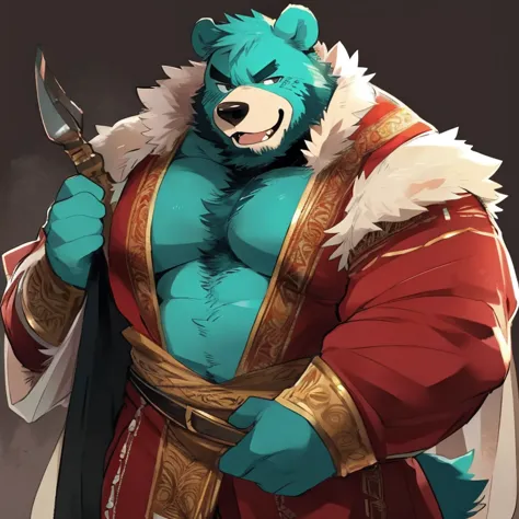 bear, furry, turquoise fur, handsome, very muscular, very big, extremely hot and sexy, beard, hair, chest hair, charming eyes, solo, male, happy expression, daddy, full body, big body, yellow medieval clothes, middle aged, by hyaku, by darkgem, by glitter ...