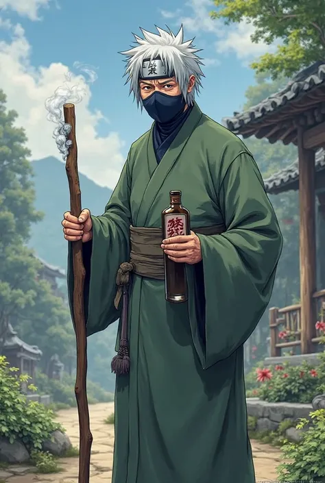 Kakashi monk with cane and bottle of anime wine