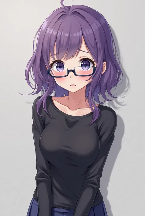 Anime girl with purple hair,  navy blue eyes, chest a little big,  tight black shirt, skirt also tight, looking at the spectator, with glasses, nervous, shymy a little blushed, anime style, wavy hair