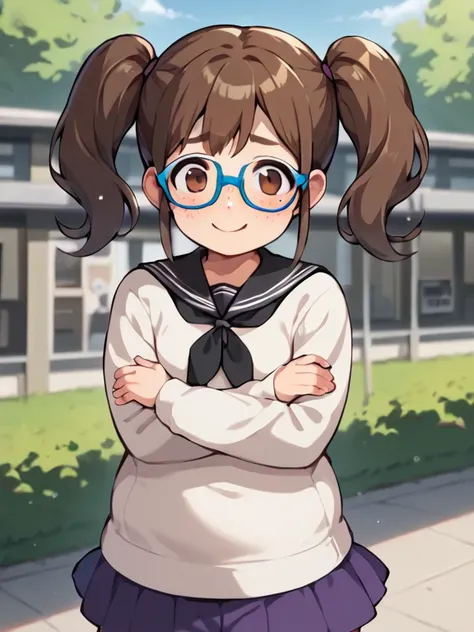  score_9,  score_8_up,  score_7_up, break, nsfw， uncensored， young girl， Low， Toddler type，Sow training， anime color,Madeleine , brown hair on both arms, twin tails, Glasses，blue framed glasses ,  purple skirt,  Long Sleeve,  outdoor, smile, shy,  freckles...