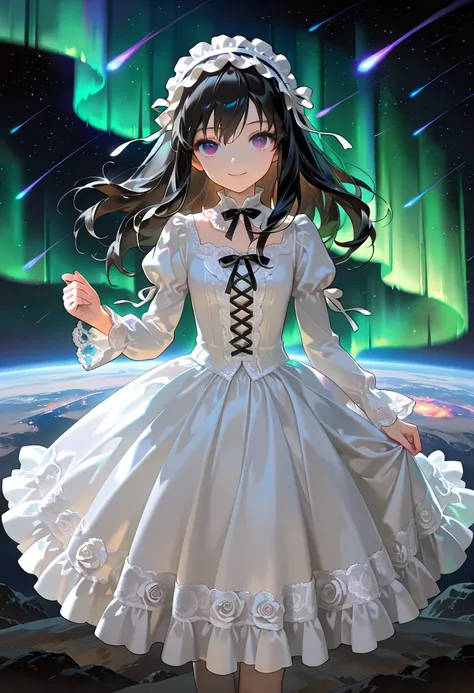 masterpiece, best quality, high quality, detailed, ultra detailed, hyper detailed, insanely detailed, exquisite, beautiful, Full-HD, 16k,  highres, absurdres, , gothic lolita fashion, high-quality depiction, Hyper-realism, black and white dress, velvet and...