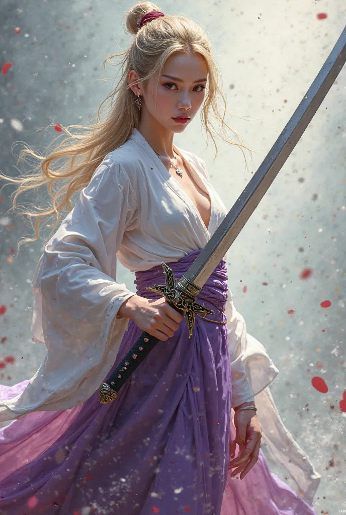 Blonde Asian sword woman, white, violet,red blue