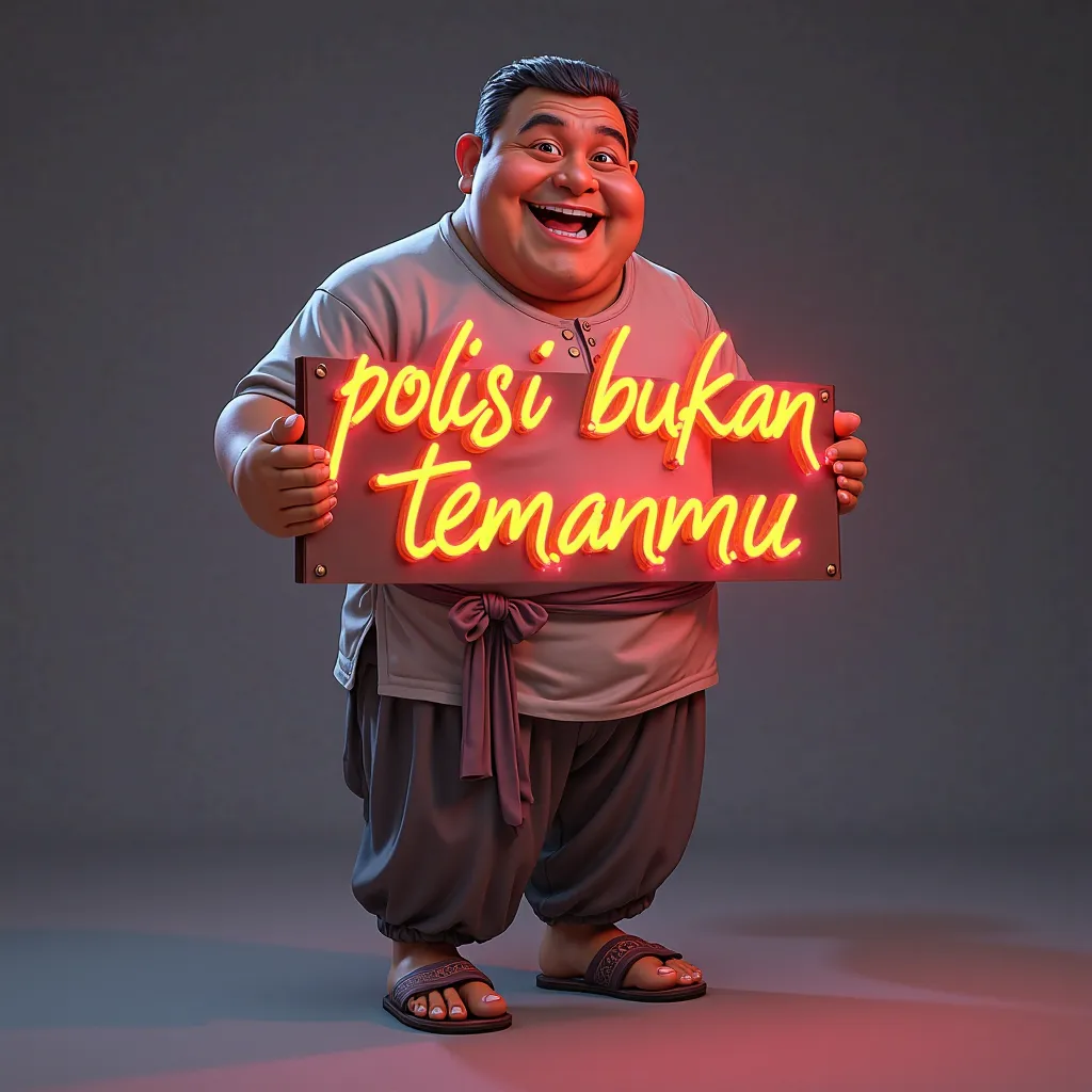 A smiling middle-age slightly muscular fat Indonesian man holding a neon sign with cursive text in indonesia "Polisi bukan temanmu" in rainbow colours, he is wearing muslim shirt, sarong and sandals.