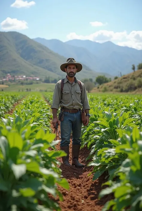 "A realistic scene of an agronomist in Mexico working in a fertile field, surrounded by green and healthy crops. The agronomist wears clothes suitable for working in the field, with boots, hat and agricultural tools in hand.  In the background, you can see...