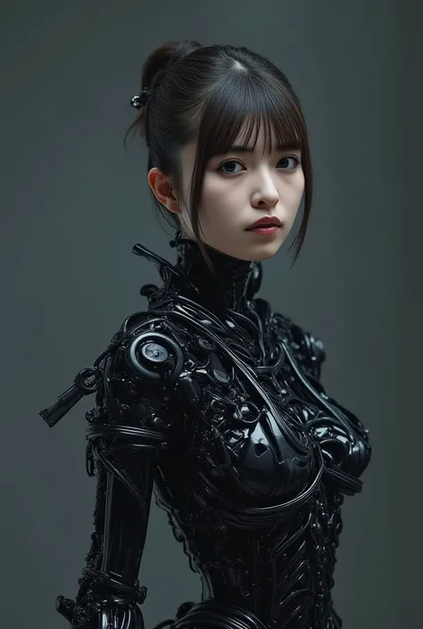 Beautiful woman in exoskeleton, detailed face, perfect anatomy, perfect fingers, Gothic style female android mechanical skeleton made of keys scales, pitch black dark background, [ultra huge breasts woman:8], abstract, [muted colors: vivid colors:8], sharp...