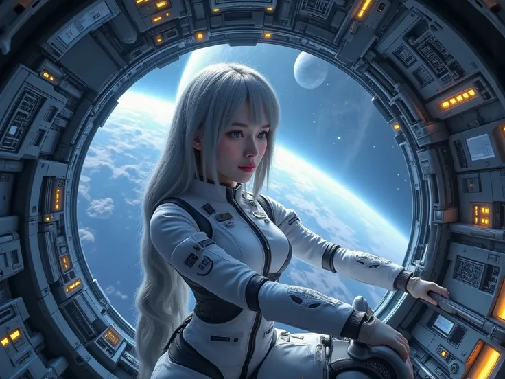 a masterpiece ,Space and astronauts, tied wavy silver hair, blue eyes , a female astronaut Inside the high tech spacecraft cockpit,she pilot the space ship moving forward. futuristic high tech space station, behind her are window show planet earth , full o...