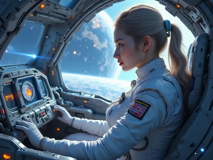 a masterpiece ,Space and astronauts, tied wavy silver hair, blue eyes , a female astronaut Inside the high tech spacecraft cockpit,she pilot the space ship moving forward. futuristic high tech space station, behind her are window show planet earth , full o...