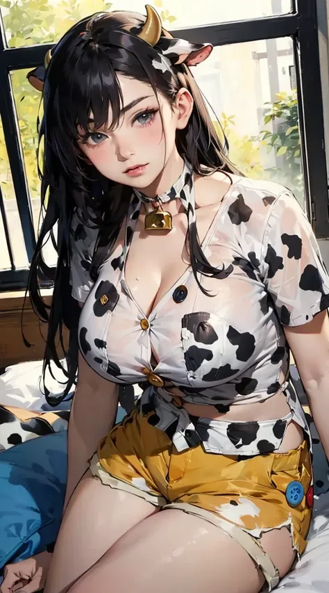 (masterpiece:1.2),(best quality:1.2),BREAK white body color,(shorts,shirt,button gap,cow print casual tops,Halterneck:1.8),breasts,curved breasts,huge limbs, hyper muscular,huge arms,(1girl,solo),lying on side,looking at viewer,(closeup), quarter angle, ro...