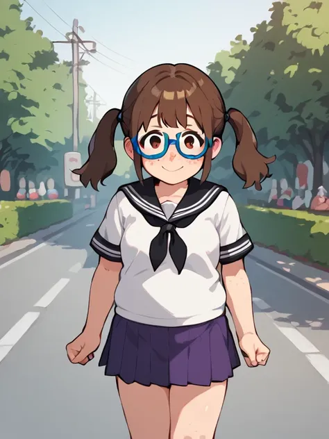  score_9,  score_8_up,  score_7_up, break, nsfw， uncensored， young girl， Low， Toddler type，Sow training， anime color,Madeleine , brown hair on both arms, twin tails, Glasses，blue framed glasses ,  purple skirt,  Long Sleeve,  outdoor, smile, shy,  freckles...