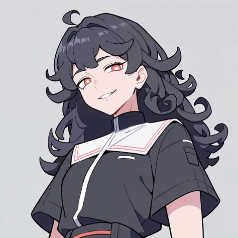 anime characters：1woman, girly, breast, adult:1.0, female focus, black short sleeve outfit, black clothes, black boots, cargo pants, only, Upper body, alone, black hair, curly hair, fluffy hair, long hair, thin eyebrows, red pupils, Light Grey background, ...